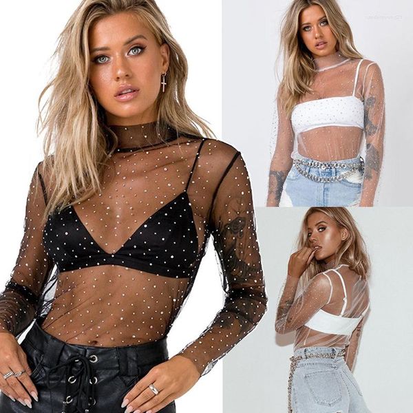 Women's Blouses Sexy Lace Mesh Sheer T Shirt Women Transparent Tops Turtleneck See Through Cover