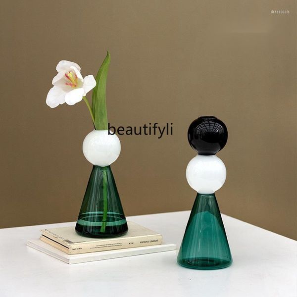 Вазы YJ Modern Simple и Light Luxury Black White Double Ball Blue Glass Vase Расположение цветов