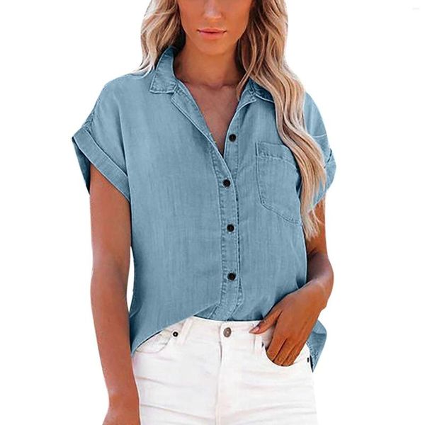 Blouses feminina Blusa de jeans vintage Mulheres camisas de manga curta de manga curta