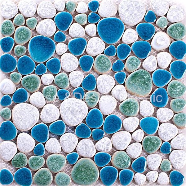 Tapete Porzellan Himmelblau meliert Seegrün Weiß Kiesel Keramik Mosaikfliese Badezimmer Boden Küche Aufkantung