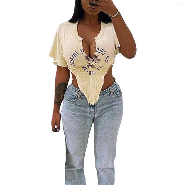 Kadın Tişörtleri Kadın Kırpma En İyi Bayanlar Kırmıkık Kırpılmış T-Shirt Kısa Kollu Düzensiz Kuff