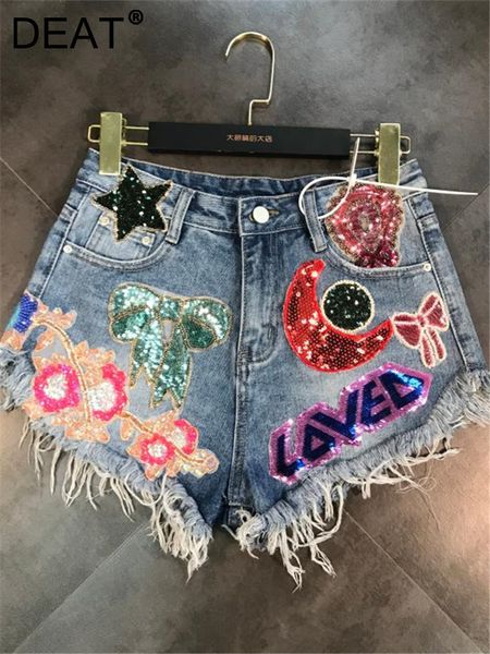 Damen-Shorts DEAT Arrival Moon Star Pailletten bestickte Quaste Patch Raw Denim Shorts Damenmode Temperature Tidal Women ME670 230330