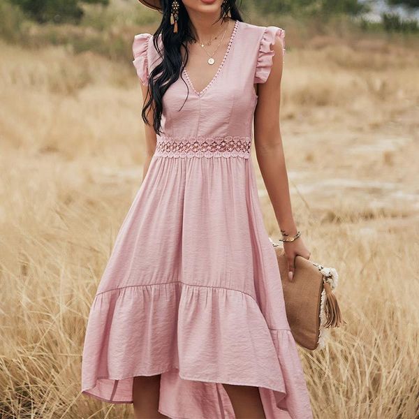 Abiti casual ATUENDO Summer Solid Pink Dress For Women Bohemian Sexy Soft Vita alta Ladies Robe Boho Leisure Wedding Guest Silk Long