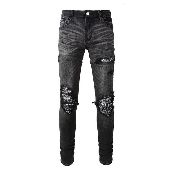 Herren Jeans Ankünfte Distressed Slim Fit Steetwear Style Bandana Patchwork Skinny Stretch High Street Dunkelgrau Schwarz Zerrissen 230330