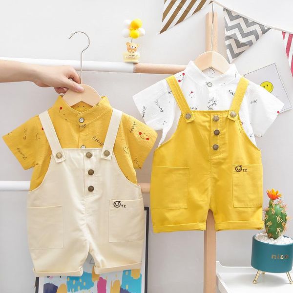 Giyim Setleri 2023 Yaz Baby Ins Çocuklar Günlük Takım Moda Sevimli Baskı Boy Kısa Kollu Gömlek Düğmesi Bib İki Parçalı Set