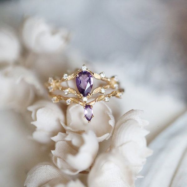 Trauringe Vintage Court Style Amethyst Romantic Silver Set Diamond Stacked Ladies Ring Opening Adjustable Sweet Luxury Jewelry 230330