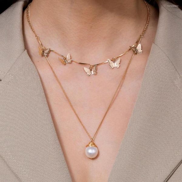 Подвесные ожерелья натуральная пресноводная жемчужная ожерелье для женщин прохладная цепочка клавиля Золотая двойная бабочка свадьба
