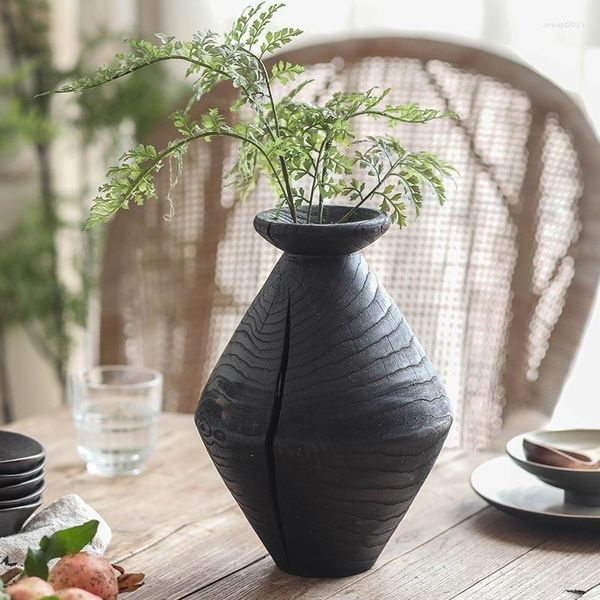 Vasos Wabi-Sabi Black Solid Wood Vaso Decoração da sala Living Living Flower Diseda