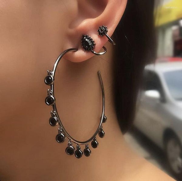 Creolen groß rund schwarz für Frauen bunt Stein glänzend groß Gothic Kreis Ohrring Schmuck Damen Accessoires Großhandel