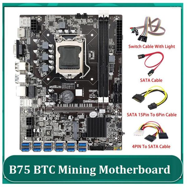 Motherboards B75 ETH Mining Motherboard 12 PCIE zu USB LGA1155 SATA 15Pin 6Pin Kabel 4PIN Schalter mit Licht