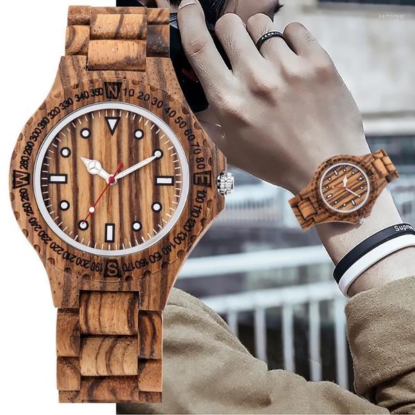 Relógios De Pulso Quartzo Zebra Wood Watch Para Homens Relógios De Madeira Com Mostrador De Escala Simples Práticos Alça Completo Dobrável Fivela Relógio De Pulso Masculino PresentesPulso