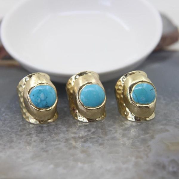 Ringos de cluster Shape redonda Blueturquoise Ring Raw Stone Golded Gollded Ajustável Mulheres/Man Jóias Abertas