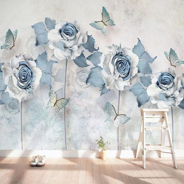 Tapeten Selbstklebende wasserdichte Leinwand Wandbild Tapete 3D Blaue Blumen Schmetterling Wandmalerei Wohnzimmer Schlafzimmer Romantisches Dekor