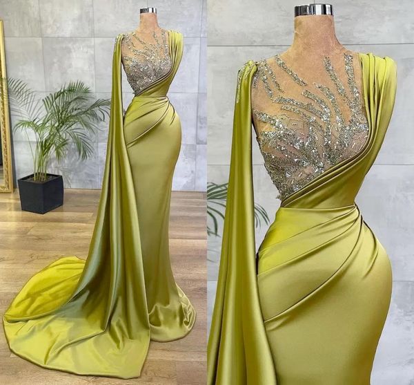 Vestidos de noite formais vestido de festa de baile sereia gola alta até o chão trem de varredura frisado cristal lantejoulas cetim longo plus size ilusão