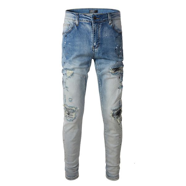 Jeans masculinos azul claro azul angustiado Slim Fit Graffiti Streetwear Bandanna Ribs Patchwork Hurouch High Street High Ripped 230330