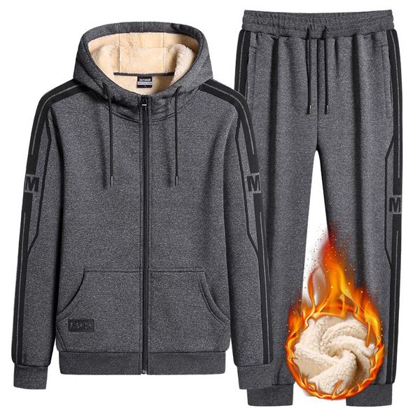 Conjunto de chándal de invierno para hombre, chaqueta con capucha gruesa y cálida, pantalones, conjuntos de 2 piezas, sudaderas con capucha de Cachemira de cordero, chándal con cremallera, traje deportivo para hombre, talla 8XL 9XL