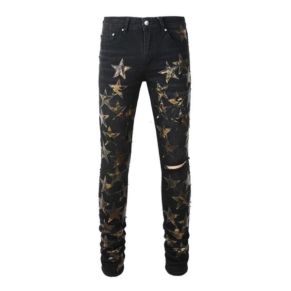 Jeans masculinos pretos streetwear de rua de gold stars manchas esbeltas magras magras de moda de rua rasgada 230330