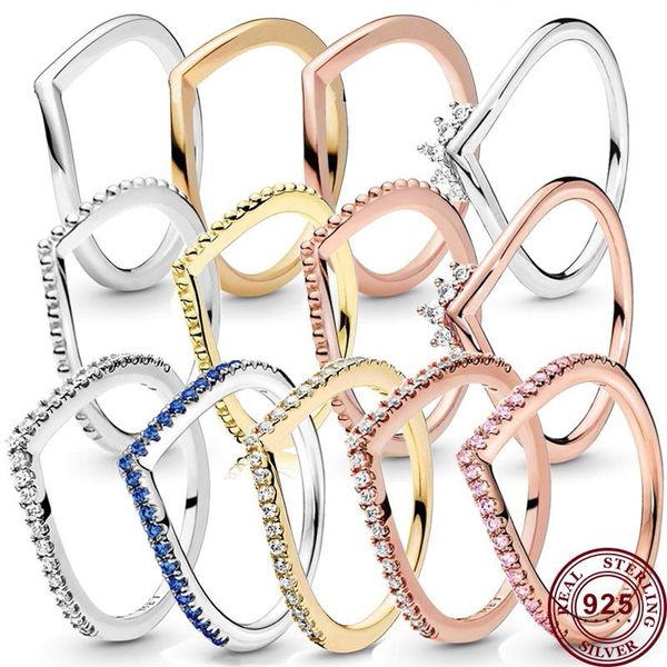 925 Silber Frauen Fit Pandora Ring Original Herz Krone Mode Ringe Exquisite V-förmige Wishing Bone Princess Crystal Crown