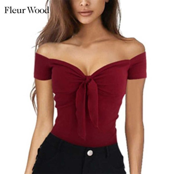 T-shirt feminina Fleur Wood Off ombro T-Shirts Mulheres Mangas curtas Tops Sexy Deep V Neck Basic Solid Black Wine Black Lady Casual Summer T-T2006145BCA