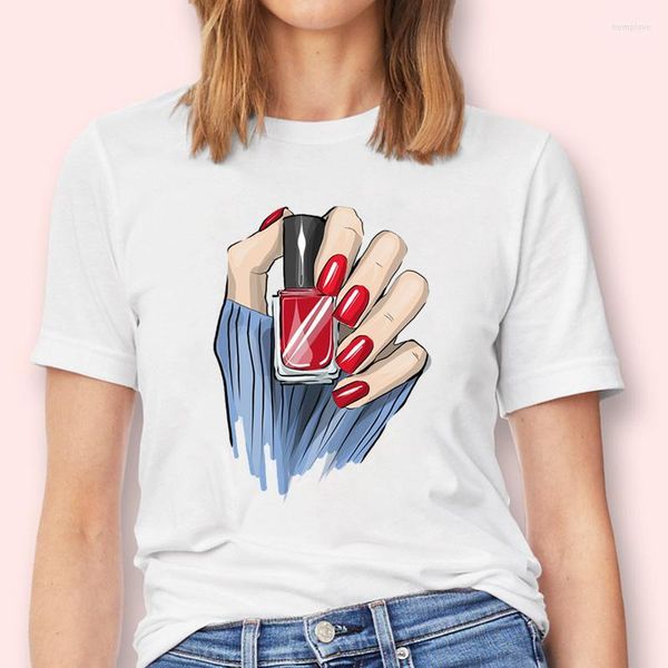 Damen-T-Shirts Lady Cartoon Female Tops T-Shirts Druckkleidung Frauen Make-up Nail Art 90er Jahre Druck niedliche Mode Grafik T-Shirt T-Shirt