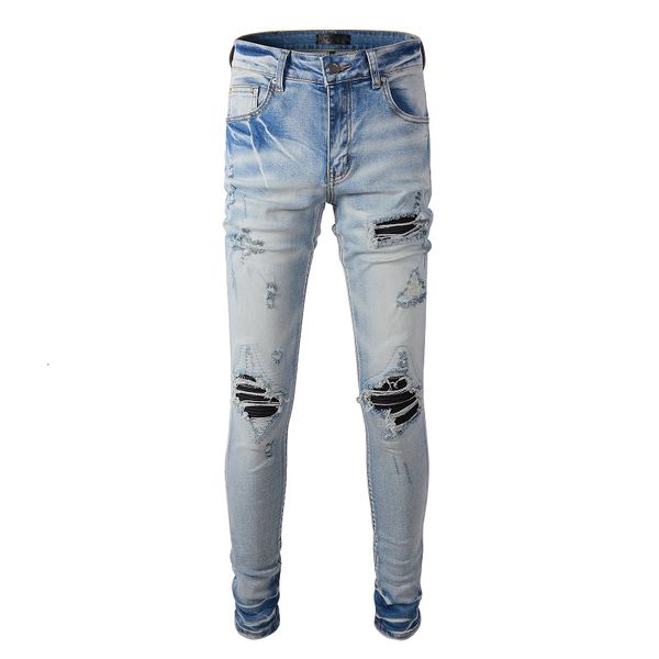 Jeans masculinos Azul claro Moda azul angustiada Slim Fit Streetwear Bandanna Patchwork Hole Stretch Holas High Street Ripped 230330
