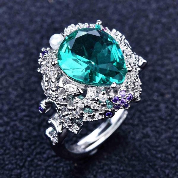 Ringos de cluster Anel de cor prata de luxo Sintético Emerald Crystal Zircon Pearl for Women Wedth Wedding Stone Stone Jóias Finas por atacado