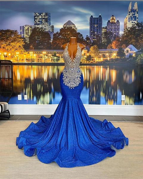 Zarif kraliyet mavisi yular balo elbiseleri sırtsız Afrika denizkızı doğum günü partisi elbise şerit kristal boncuk resmi elbiseler vestidos