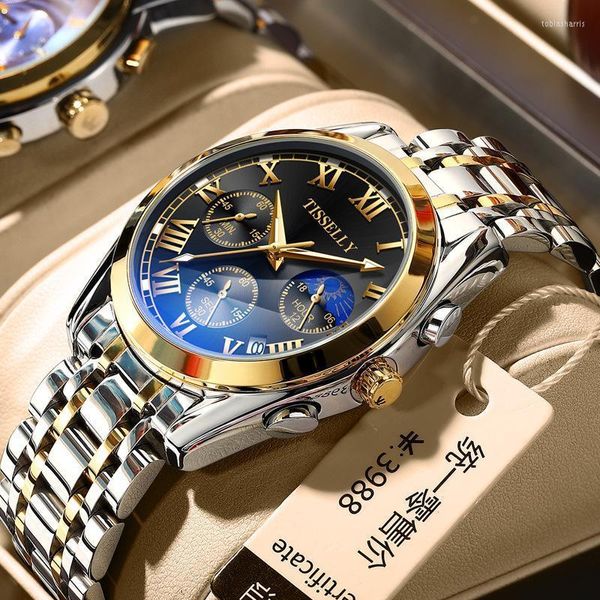 Armbanduhren Top-Marke Herrenuhr wasserdicht Chronograph Quarz Strass Zifferblatt Stahlband Band Casual Business Clock Relogio Masculino