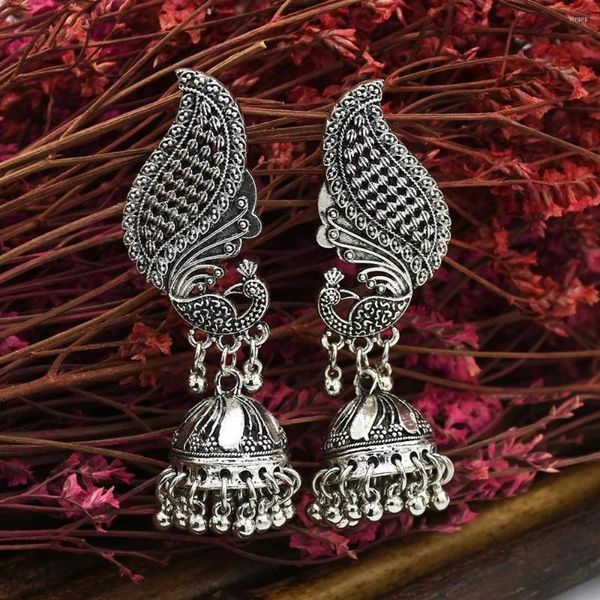 Brincos de bronzeamento de mulheres étnicas cor de pavão de mulheres étnicas jóias cignas da tribo vintage boho bell tassel gota jhumka