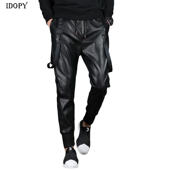 Herren Jeans Idopy Street Kunstleder Jogger Haremshose Hip Hop Knöchelmanschette Elastische Taille Kordelzug PU Jogginghose für Männer 230330