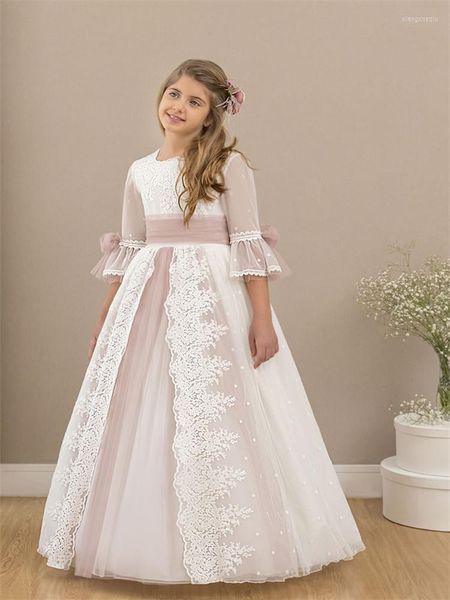 Abiti da ragazza A-Line Principessa Lunghezza pavimento Fiore Festa Pizzo Tulle Dolcevita a tre quarti Collana di gioielli Applicazione di perle 3D