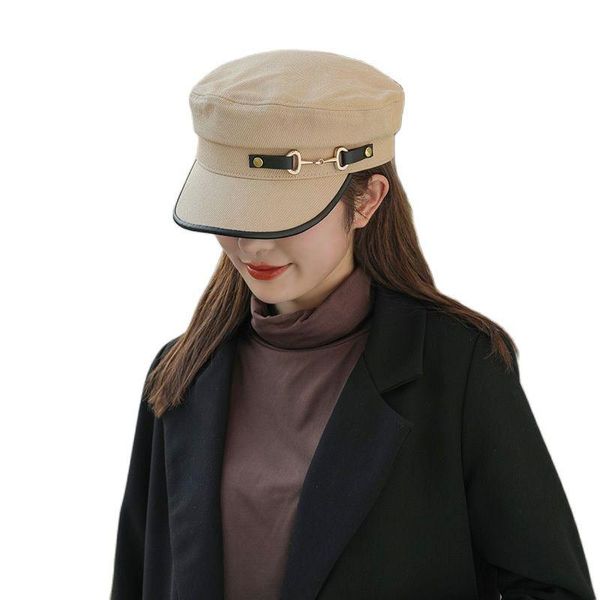 Berets Metallschnalle Pu-Leder Einfassung verstellbare flache Oberseite Damen Street Fashion Outdoor Schwarz/Beige/Khaki Hüte Damen Caps Chapeau