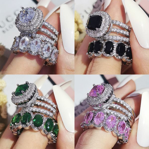 Cluster anéis luxo verde preto rosa prata cor almofada casamento anel de noivado conjuntos para mulheres dedo puro jóias personalizadas r5847 230329
