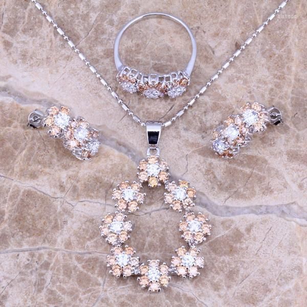 Brincos de colar Set Set Champagne Morganite White CZ Silver Pingente Tamanho do anel 6/7 8 9 10 S0151 grátis