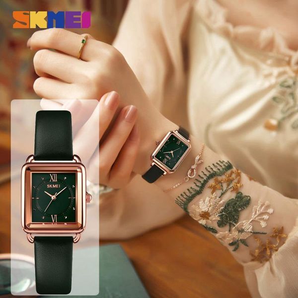 Наручительные часы Skmei Fashion Green Women Watch Watch прямоугольник циферблат Quartz Ladies смотрит подлинные кожаные девушки Montre Femme 2023 1702