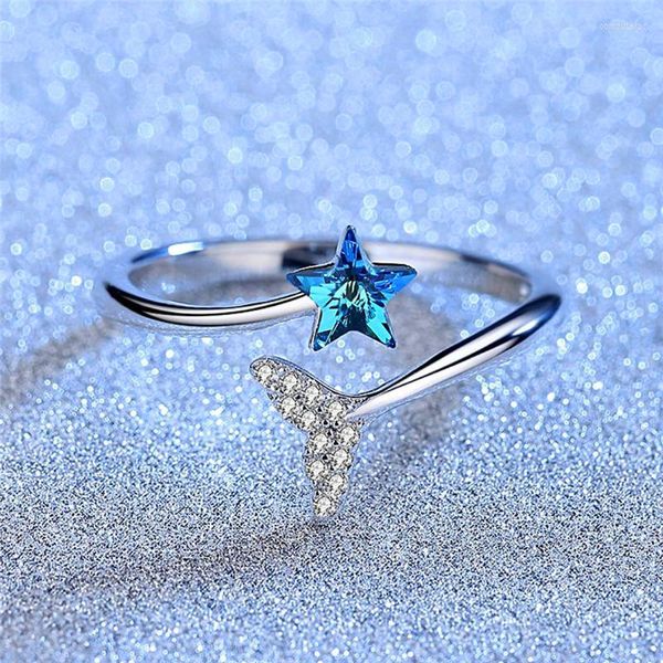 Trauringe Netter weiblicher kleiner offener verstellbarer Ring Silberfarbe Zirkon Verlobungskristall Blue Star Mermaid für Frauen