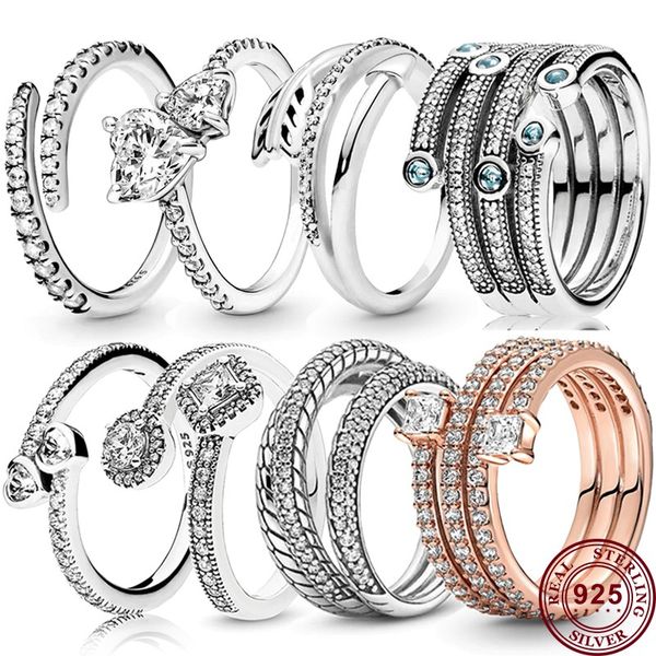 925 Silber Frauen Fit Pandora Ring Original Herz Krone Mode Ringe Exquisite Liebe Herz Gestaffelte Mehrschichtige Pfeil Dame