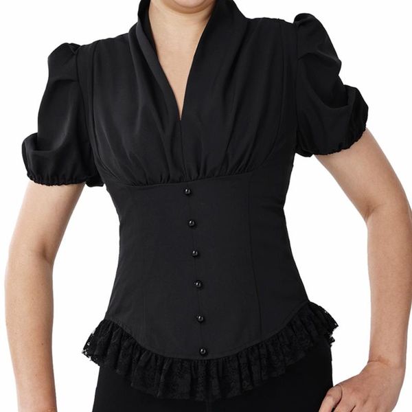 Kadın bluz gömlekleri zarif Victoria bluz gömleği kadınlar ortaçağ steampunk kısa kol v-yaka üstleri vintage korse bağ gömlekleri '