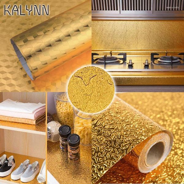 Papéis de parede Gold Gold Auto Adhesive Wallpaper Metal Look Oil Cozinha Impermea Papel de contato Casca e Stick Diy Decor Shelf Sticker 1-10m