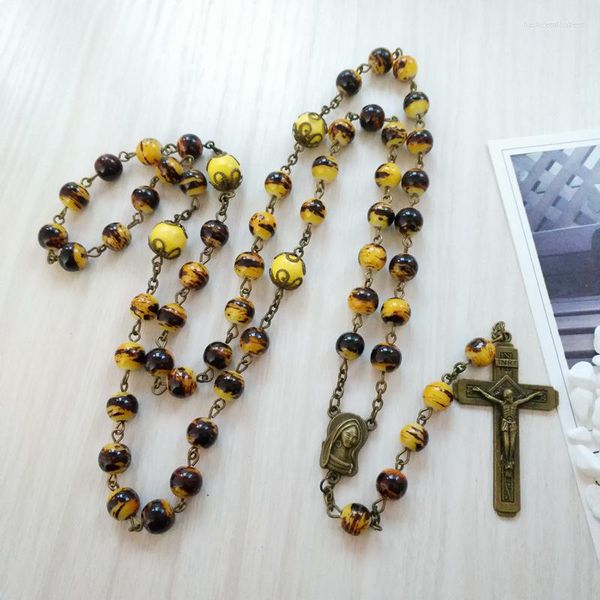 Anhänger Halsketten QIGO Katholischer Vintage-Schmuck Kreuz Braun Glas Rosenkranz Halskette