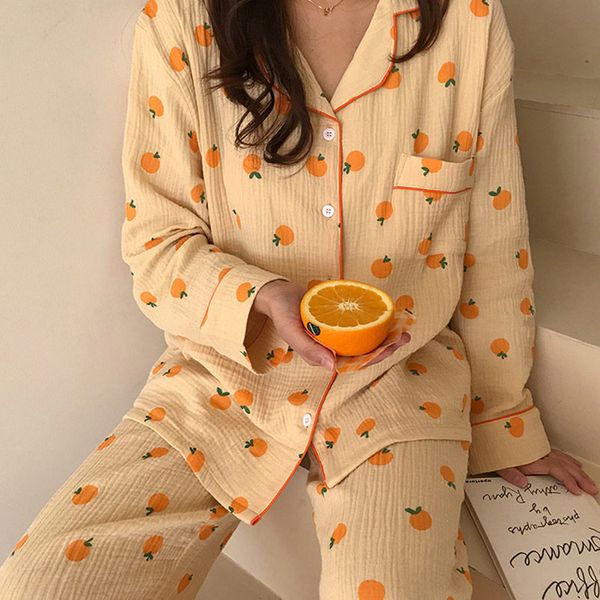 Pigiameria da donna Kawaii Cotton Home Suit Pigiama con stampa arancione coreana Autunno Pijama Pigiama Pantaloni a maniche lunghe 2 pezzi Set da notte 230330