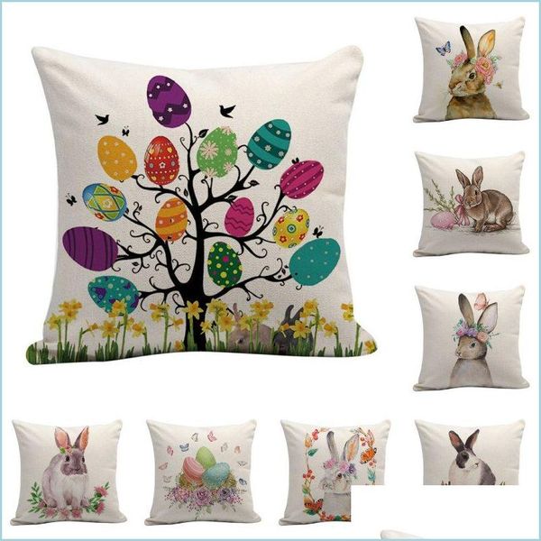 Kissenbezug Happy Easter Pillowcase Cute Smiling Bunny Rabbit Color Eggs Home Cotton Linen Throw Personalisiertes Kissen Er Drop Delive Dhje9