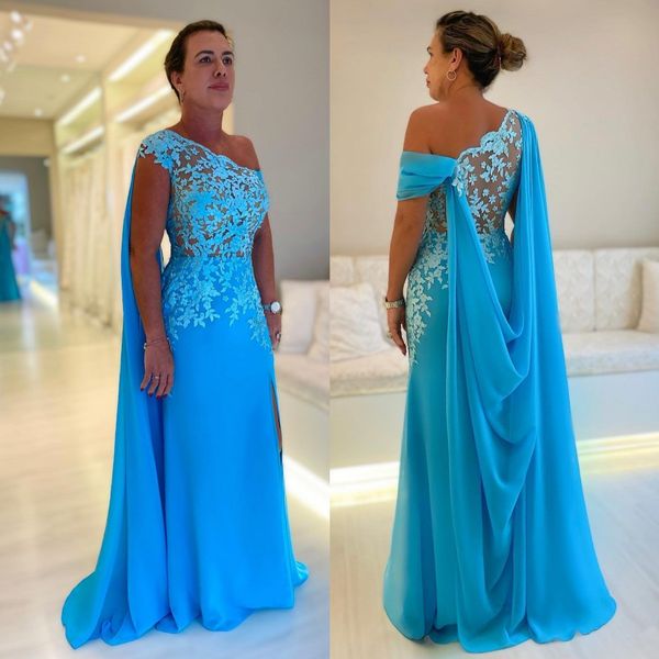 Abiti eleganti per la madre della sposa in pizzo con perline Abito da ospite di nozze a sirena con scollo a una spalla Abiti da sera con spacco laterale in chiffon