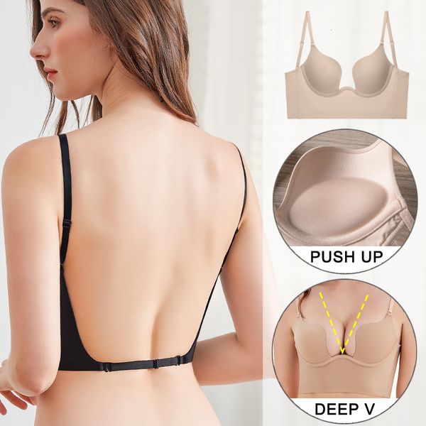 BHs Push-Up-BH Rückenausschnitt Low Cut Sexy Plunge siere Offener Rücken Hochzeitsunterwäsche Unsichtbar Nahtlos Deep U Lingerie 230330