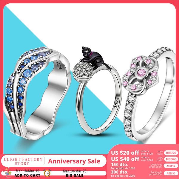 925 Mulheres prateadas FIT PANDORA RING ORIGINAL CORONHA COROWN RINGS AZUL COR ZIRCON Pink Heart Infinite Anillo Black Cat com tricô de lã Ball