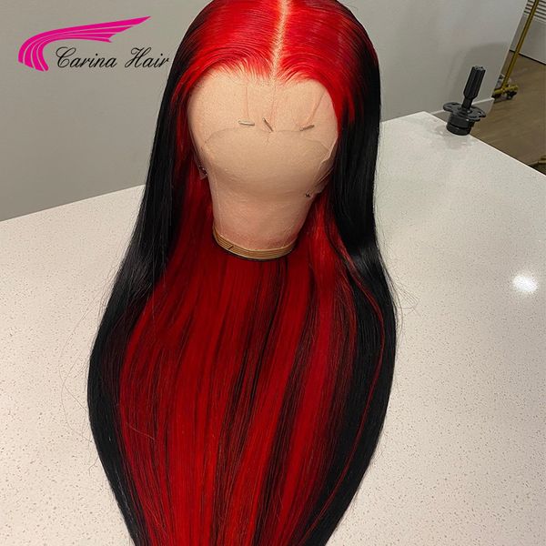 Ombre ombre vermelho transparente renda frontal perucas de cabelo humano brasileiro perucas frontais retas pré -arrancadas sintéticas