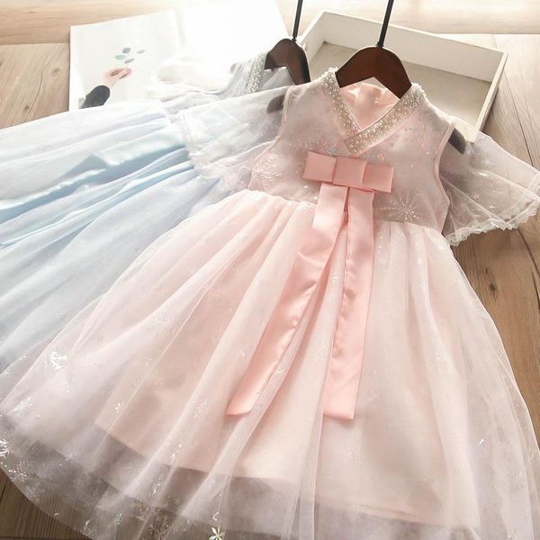 Abiti da ragazza 2023 Summer Kids Neckline Pearl Snowflake Bright Mesh Dress Girls Abbigliamento per bambini all'ingrosso