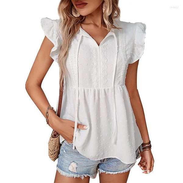 Blouses feminina Mulheres camisas de verão cor sólida cor jacquard blusa hollow out design renda decoração de decote em vulvo de borboleta de decote em vullo de borboleta