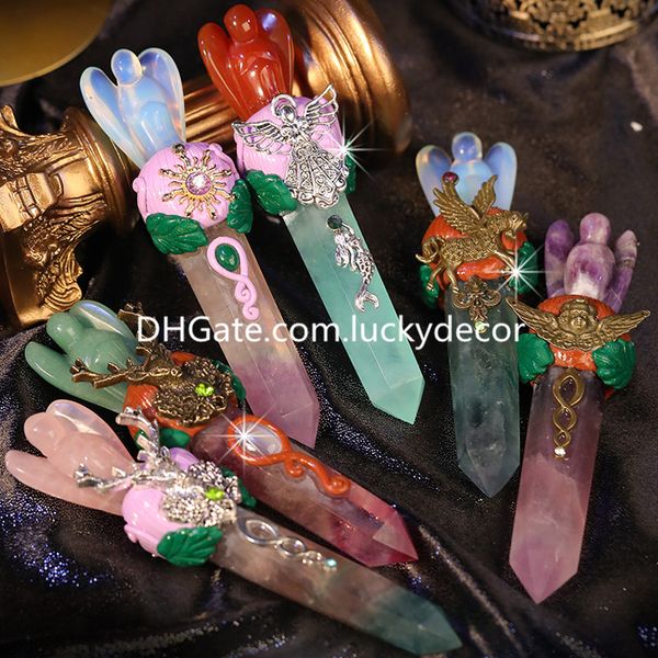 Anjo da Guardian Wicca Magic Faerie Fairy Wand Arts Misto de estilo misturado Cryartz Crystal Gemstone Point Divine Messenger Scepter para obra de cura espiritual