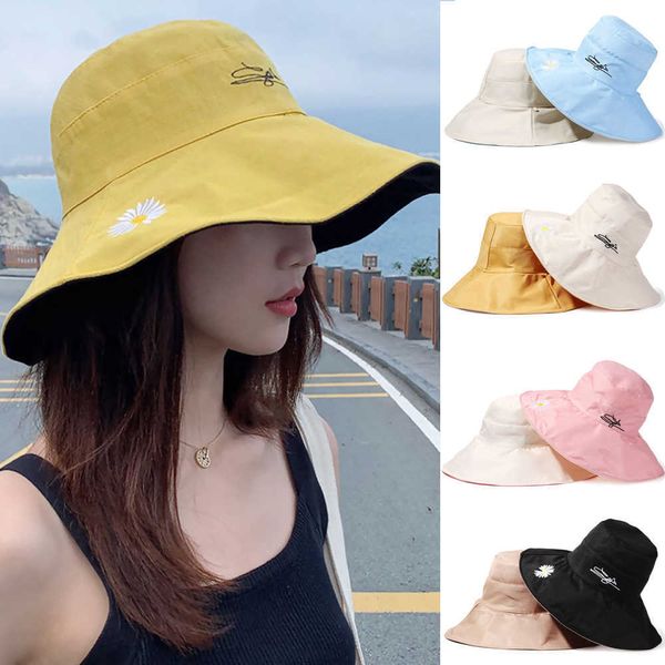 Chapéus largos da borda Berna larga com corda de vento portátil dobrável dupla face chapéu chapéu de sol Beh Cap Daisies Fisherman Cap P230327